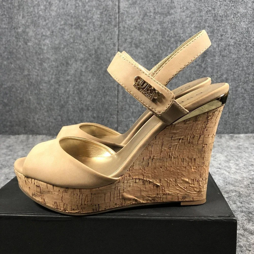 GUESS Wedge Sandals Womens Size 8.5 Beige Cork‎ Platform Slingback Peep Toe